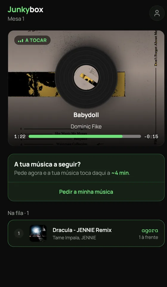 The Junkybox guest view on a phone: the track playing now with a progress bar, a button to request a song, and the queue below.