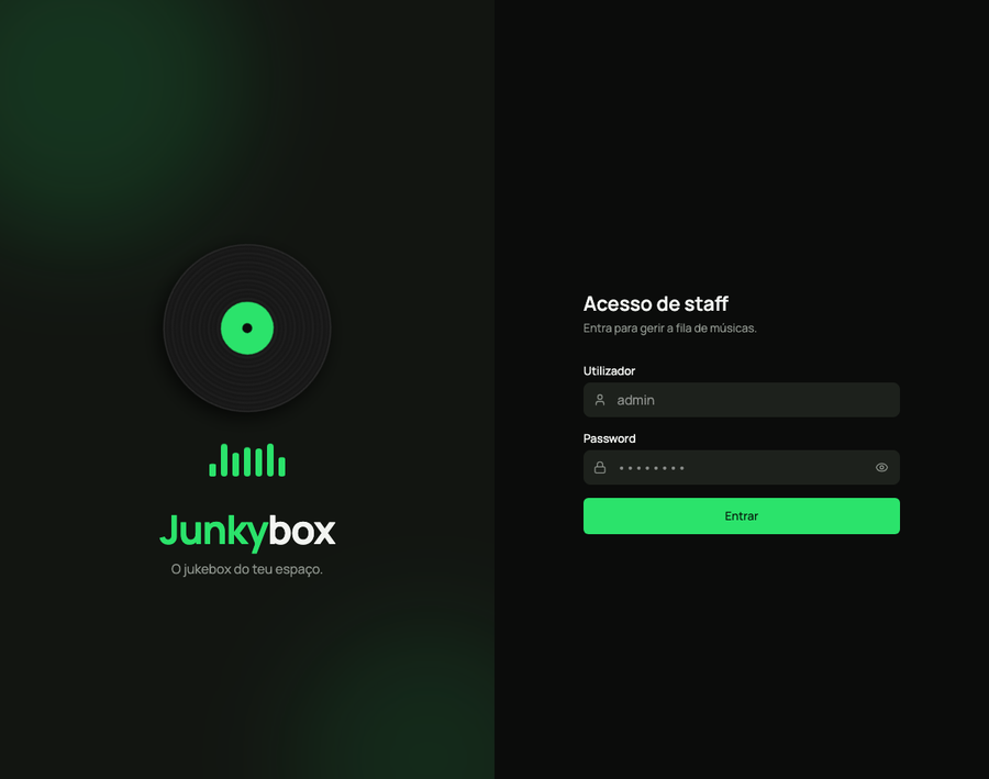 The Junkybox staff login: a vinyl record and equalizer over a dark green glow, beside the sign-in form.