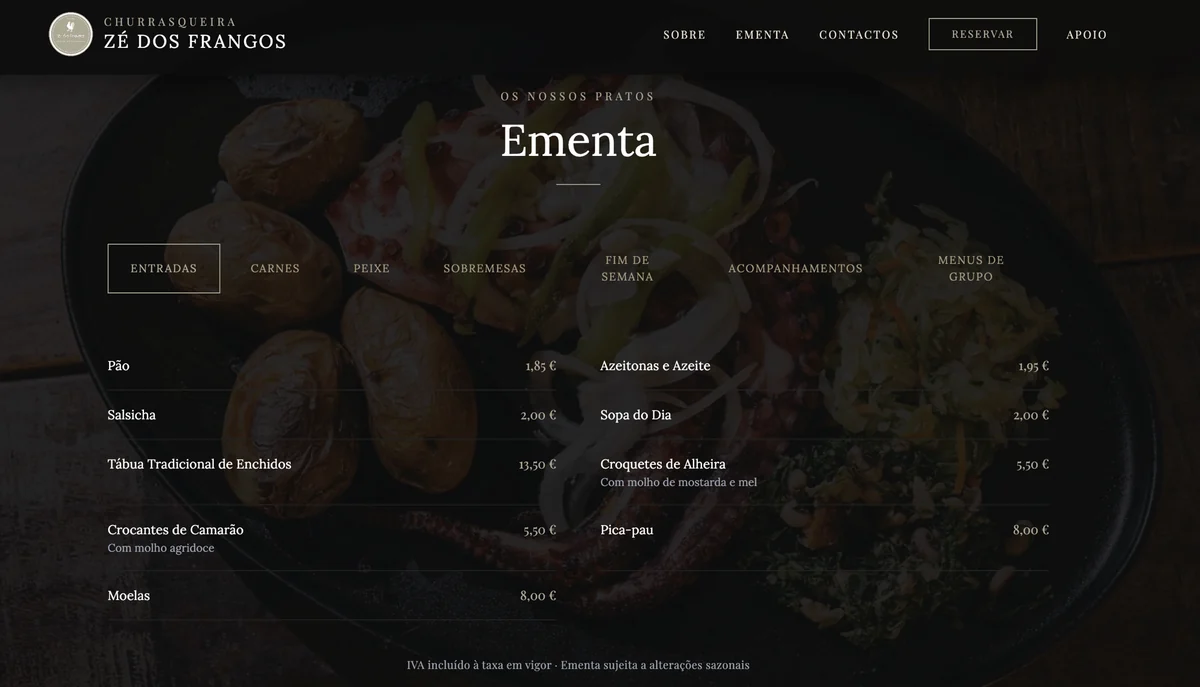 The public menu: seven category tabs over a darkened photograph, and two columns of dishes with their prices.