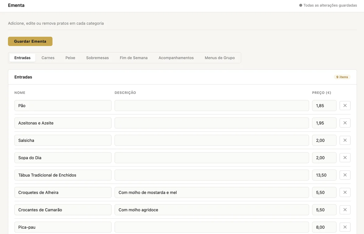 The menu section of the backoffice: a Guardar Ementa button, the same seven category tabs, and a table of name, description and price fields.