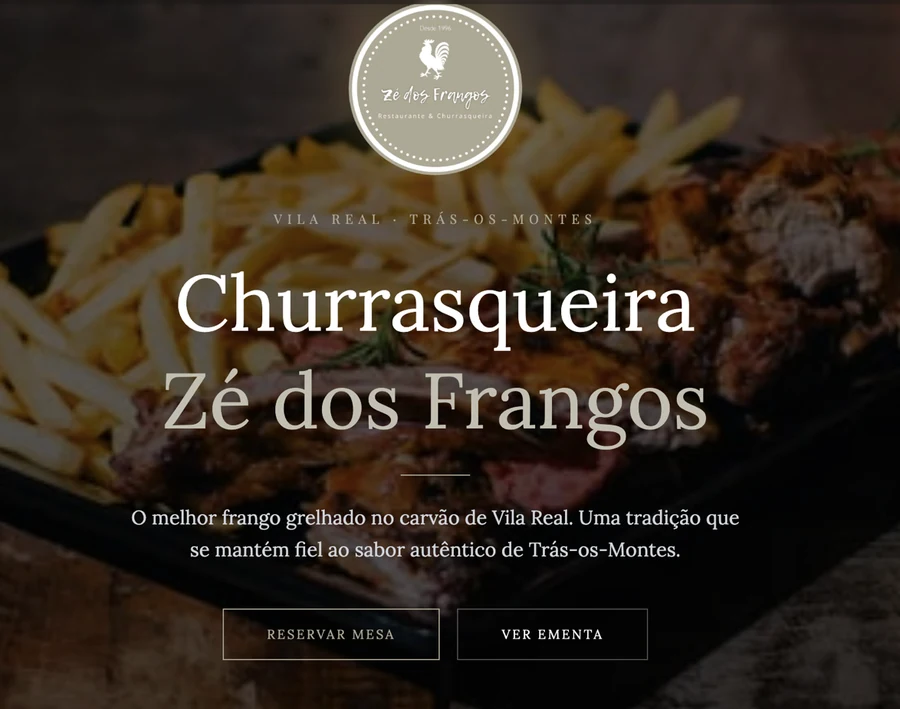 The Z&eacute; dos Frangos homepage: the restaurant's medallion over a charcoal-grilled plate, the name in serif, and buttons to book a table or read the menu.